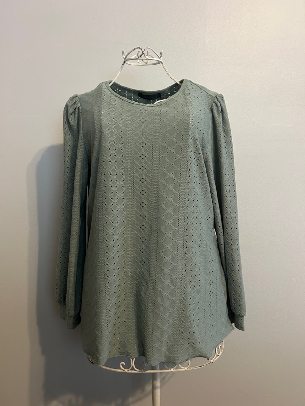 Eyelet Puff-Sleeve Blouse in Sage Green